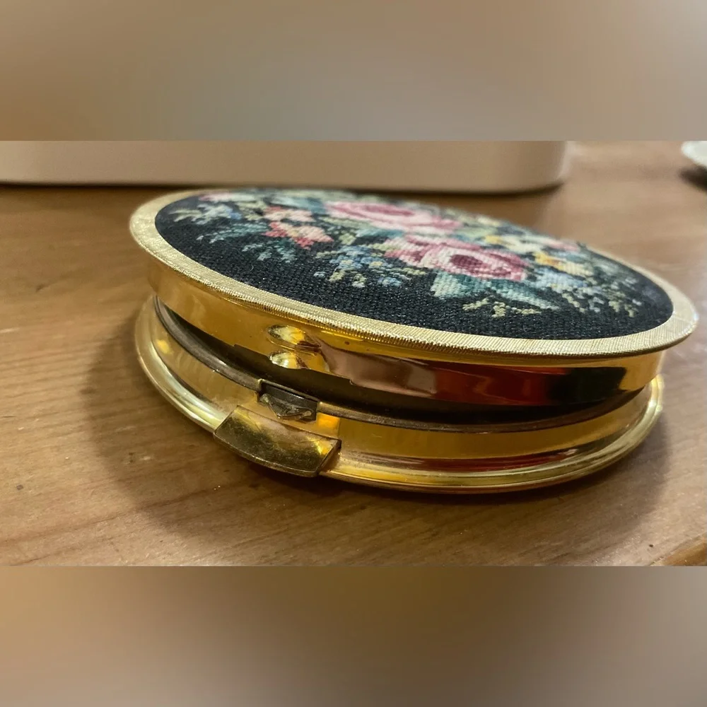 Compact Vintage make up Mirror: Needle work floral embroidered on front .
